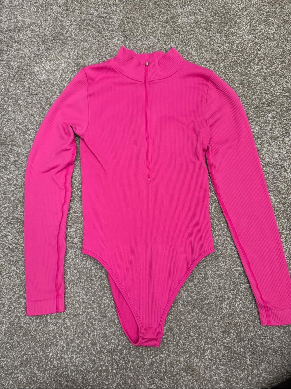 Hot Pink Ribbed Long-Sleeve Zip-Front Bodysuit